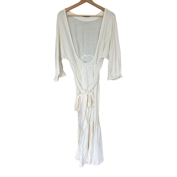 Free People Women's White Dropped Shoulder Tie Waist A-Line Tiered Dress Size L - Picture 4 of 7